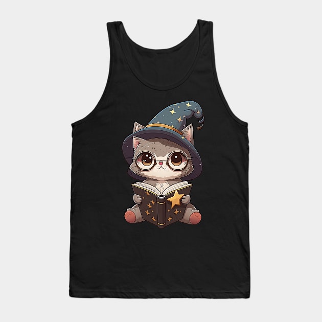 Magical Cat with a Spellbook - Adorable Magic Cat Cartoon Tank Top by SergioCoelho_Arts